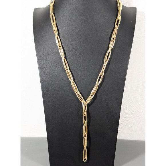 Express Gold Tone Paperclip Chain Y-Drop Faux Lariat Necklace Statement 28" - Picture 1 of 9